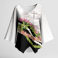 Hawaii Mokihana Mix Pikake Leis Mahalo 'Olelo Kimono Sleeve Blouse White Tapa