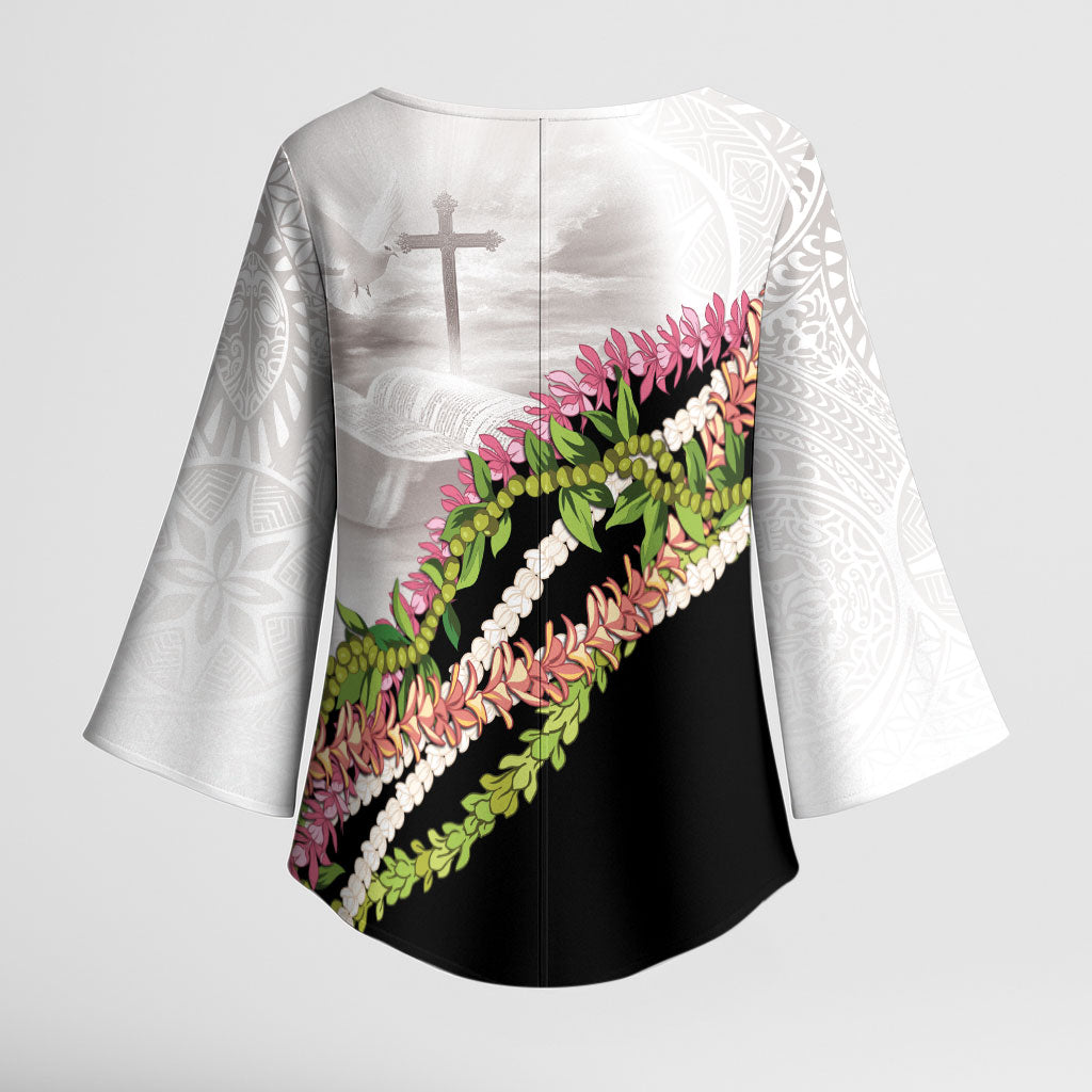 Hawaii Mokihana Mix Pikake Leis Mahalo 'Olelo Kimono Sleeve Blouse White Tapa