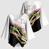 Hawaii Mokihana Mix Pikake Leis Mahalo 'Olelo Kimono Sleeve Blouse White Tapa