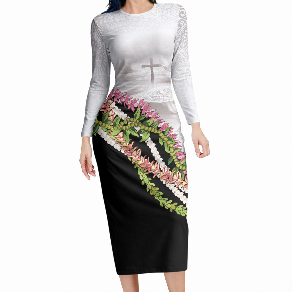 Hawaii Mokihana Mix Pikake Leis Mahalo 'Olelo Long Sleeve Bodycon Dress White Tapa