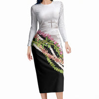 Hawaii Mokihana Mix Pikake Leis Mahalo 'Olelo Long Sleeve Bodycon Dress White Tapa