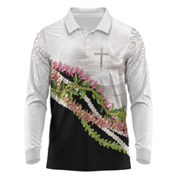 Hawaii Mokihana Mix Pikake Leis Mahalo 'Olelo Long Sleeve Polo Shirt White Tapa