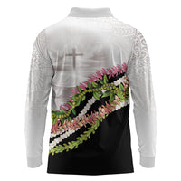 Hawaii Mokihana Mix Pikake Leis Mahalo 'Olelo Long Sleeve Polo Shirt White Tapa