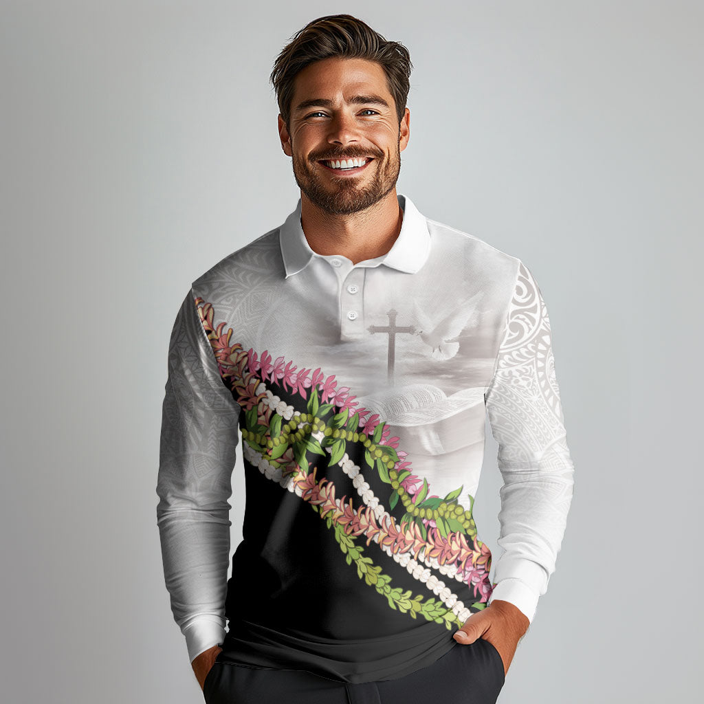 Hawaii Mokihana Mix Pikake Leis Mahalo 'Olelo Long Sleeve Polo Shirt White Tapa