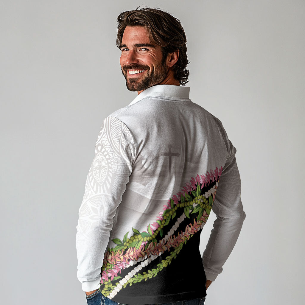 Hawaii Mokihana Mix Pikake Leis Mahalo 'Olelo Long Sleeve Polo Shirt White Tapa