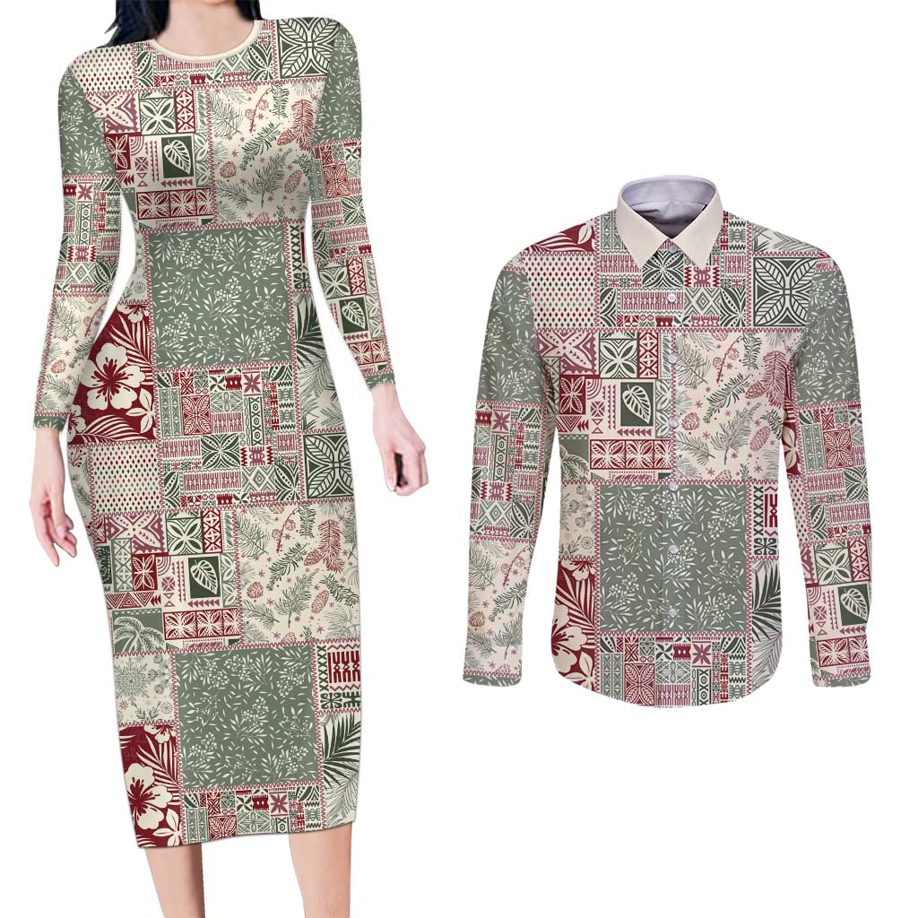 Aloha Hawaii Pastel Christmas Patchwork Couples Matching Long Sleeve Bodycon Dress and Long Sleeve Button Shirt Classic Style - Polynesian Pride