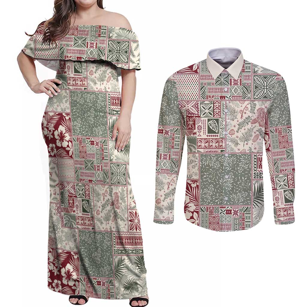 Aloha Hawaii Pastel Christmas Patchwork Couples Matching Off Shoulder Maxi Dress and Long Sleeve Button Shirt Classic Style - Polynesian Pride