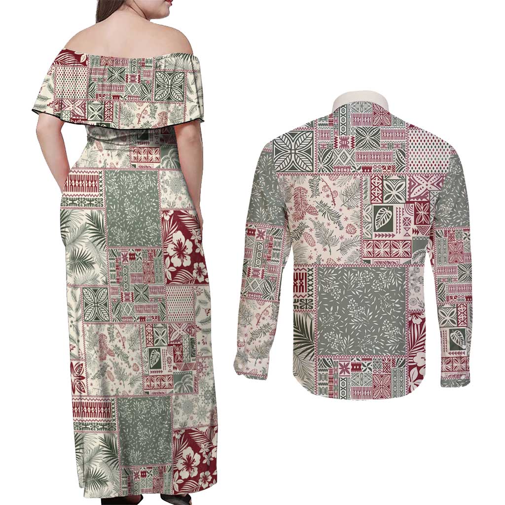 Aloha Hawaii Pastel Christmas Patchwork Couples Matching Off Shoulder Maxi Dress and Long Sleeve Button Shirt Classic Style - Polynesian Pride