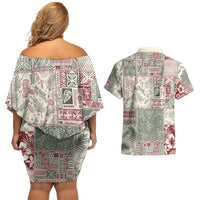 Aloha Hawaii Pastel Christmas Patchwork Couples Matching Off Shoulder Short Dress and Hawaiian Shirt Classic Style - Polynesian Pride
