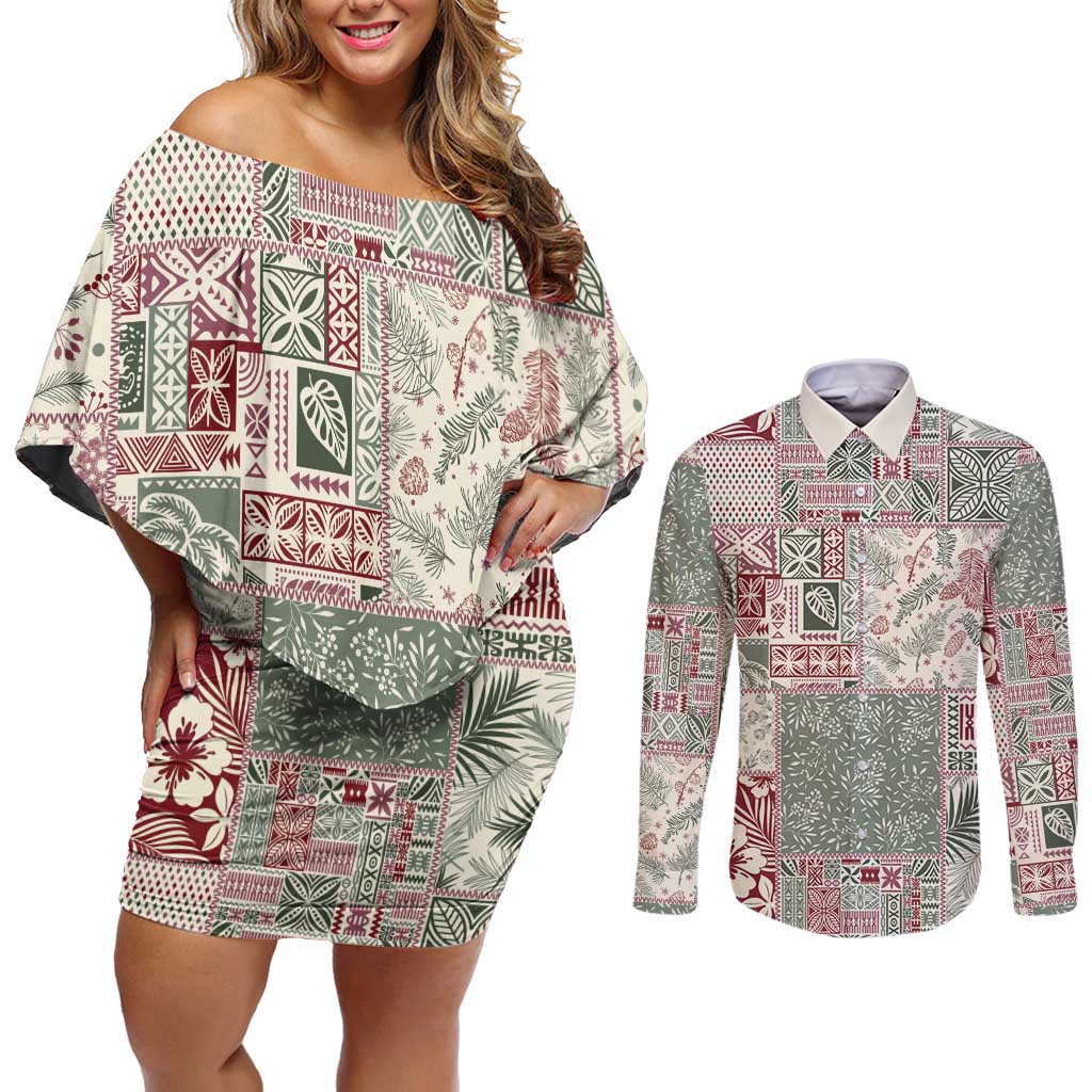 Aloha Hawaii Pastel Christmas Patchwork Couples Matching Off Shoulder Short Dress and Long Sleeve Button Shirt Classic Style - Polynesian Pride