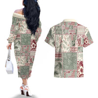 Aloha Hawaii Pastel Christmas Patchwork Couples Matching Off The Shoulder Long Sleeve Dress and Hawaiian Shirt Classic Style - Polynesian Pride