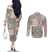 Aloha Hawaii Pastel Christmas Patchwork Couples Matching Off The Shoulder Long Sleeve Dress and Long Sleeve Button Shirt Classic Style - Polynesian Pride