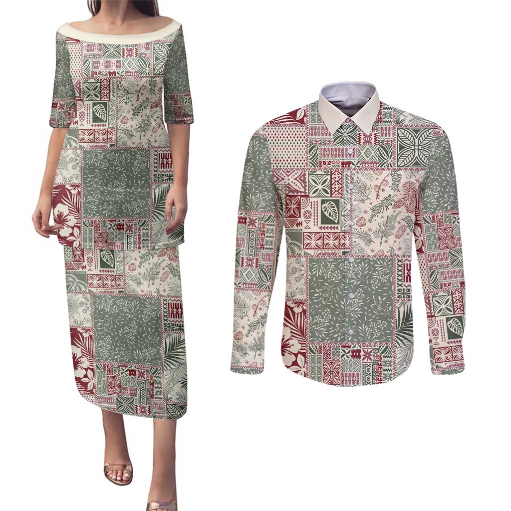 Aloha Hawaii Pastel Christmas Patchwork Couples Matching Puletasi and Long Sleeve Button Shirt Classic Style - Polynesian Pride