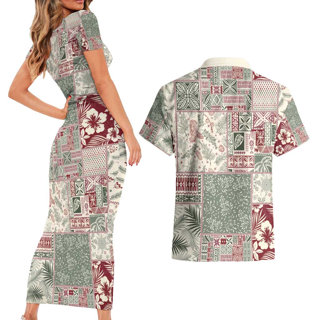 Aloha Hawaii Pastel Christmas Patchwork Couples Matching Short Sleeve Bodycon Dress and Hawaiian Shirt Classic Style - Polynesian Pride