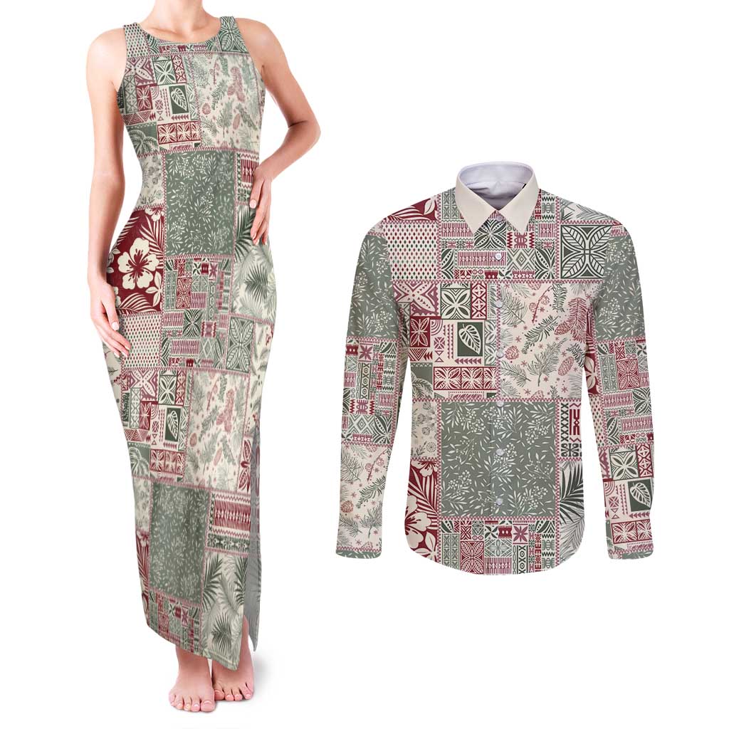 Aloha Hawaii Pastel Christmas Patchwork Couples Matching Tank Maxi Dress and Long Sleeve Button Shirt Classic Style - Polynesian Pride