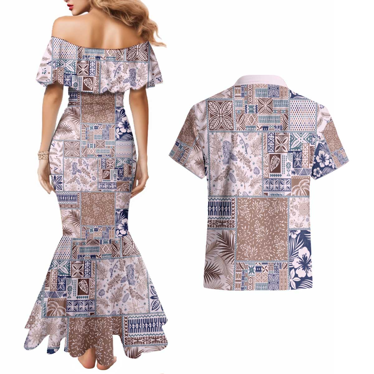 Aloha Hawaii Pastel Christmas Patchwork Couples Matching Mermaid Dress and Hawaiian Shirt Rustic Style - Polynesian Pride