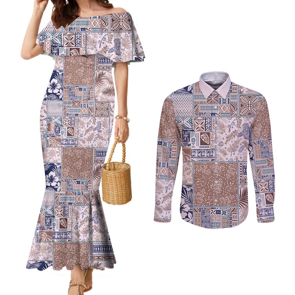 Aloha Hawaii Pastel Christmas Patchwork Couples Matching Mermaid Dress and Long Sleeve Button Shirt Rustic Style - Polynesian Pride