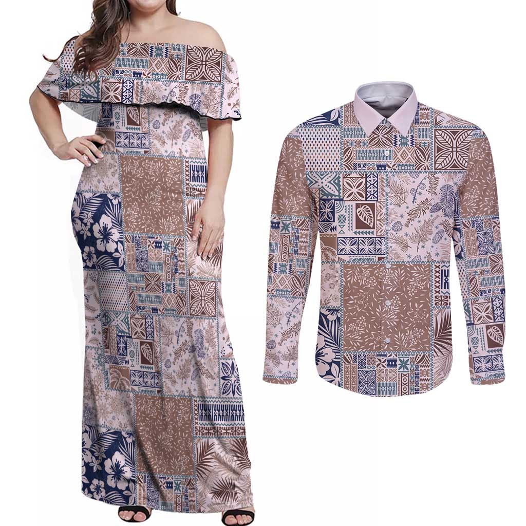 Aloha Hawaii Pastel Christmas Patchwork Couples Matching Off Shoulder Maxi Dress and Long Sleeve Button Shirt Rustic Style - Polynesian Pride