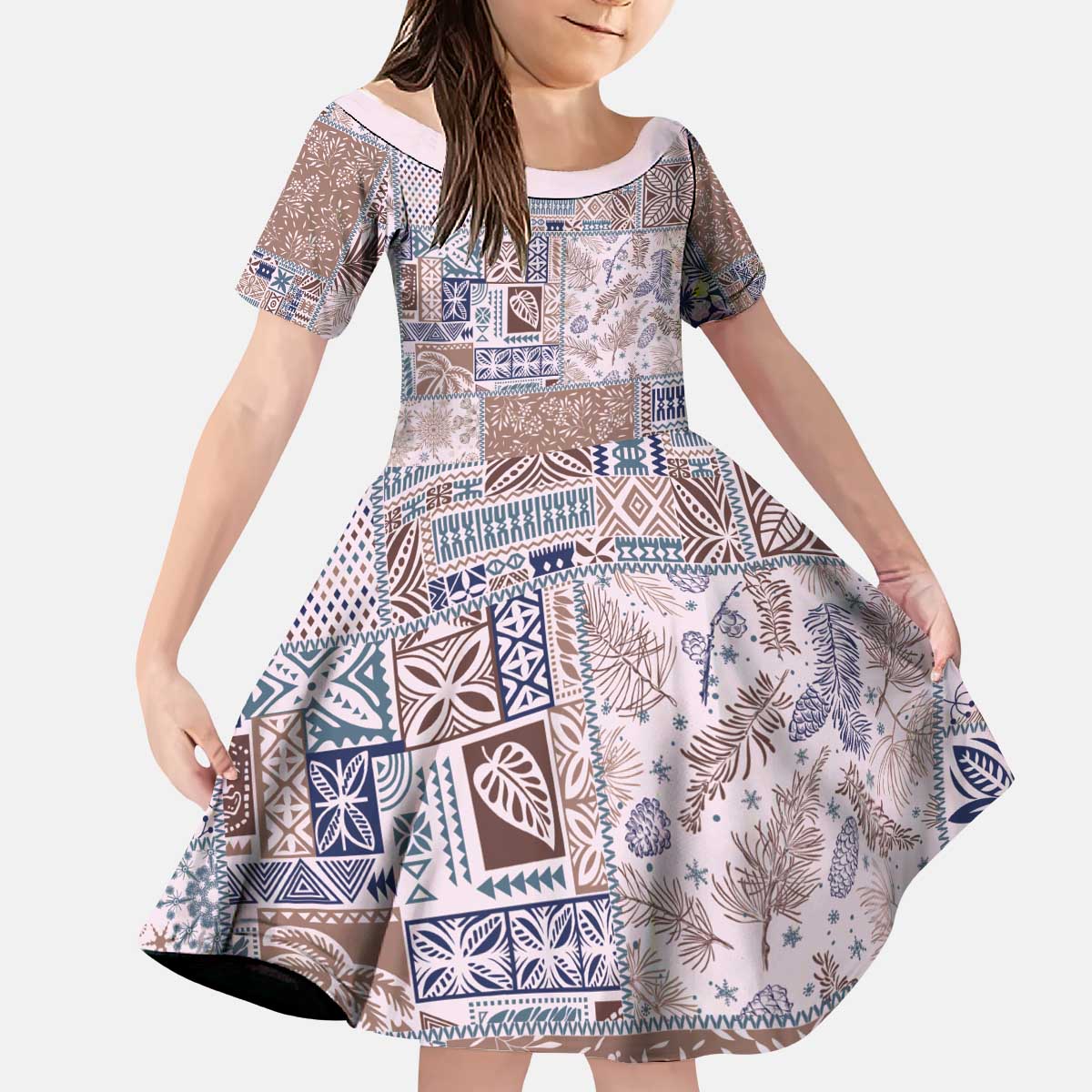 Aloha Hawaii Pastel Christmas Patchwork Kid Short Sleeve Dress Rustic Style - Polynesian Pride