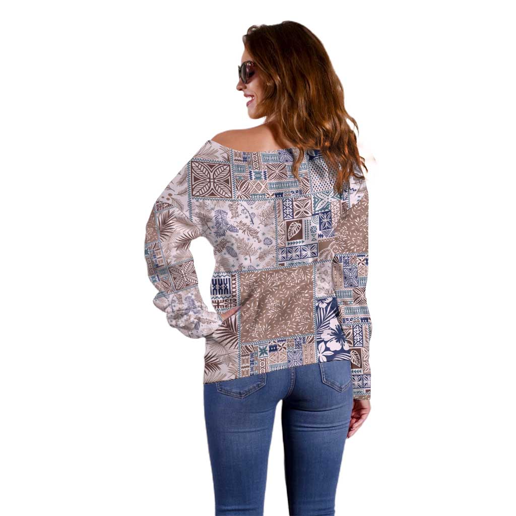 Aloha Hawaii Pastel Christmas Patchwork Off Shoulder Sweater Rustic Style - Polynesian Pride