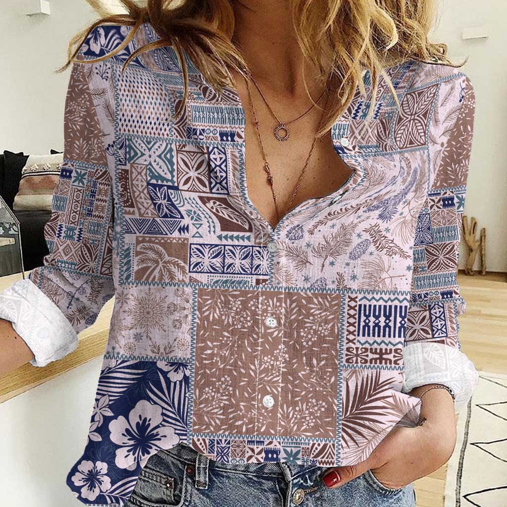 Aloha Hawaii Pastel Christmas Patchwork Women Casual Shirt Rustic Style - Polynesian Pride