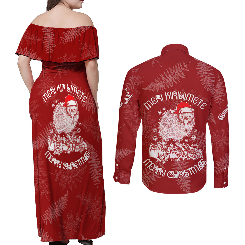 New Zealand Christmas Couples Matching Off Shoulder Maxi Dress and Long Sleeve Button Shirts Silver Fern Mix Kiwi Bird Ver01 LT7 - Polynesian Pride