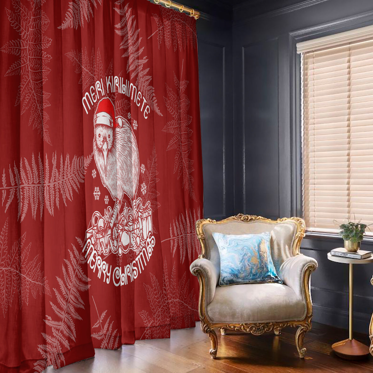 New Zealand Christmas Window Curtain Silver Fern Mix Kiwi Bird Ver01 LT7 With Hooks Red - Polynesian Pride