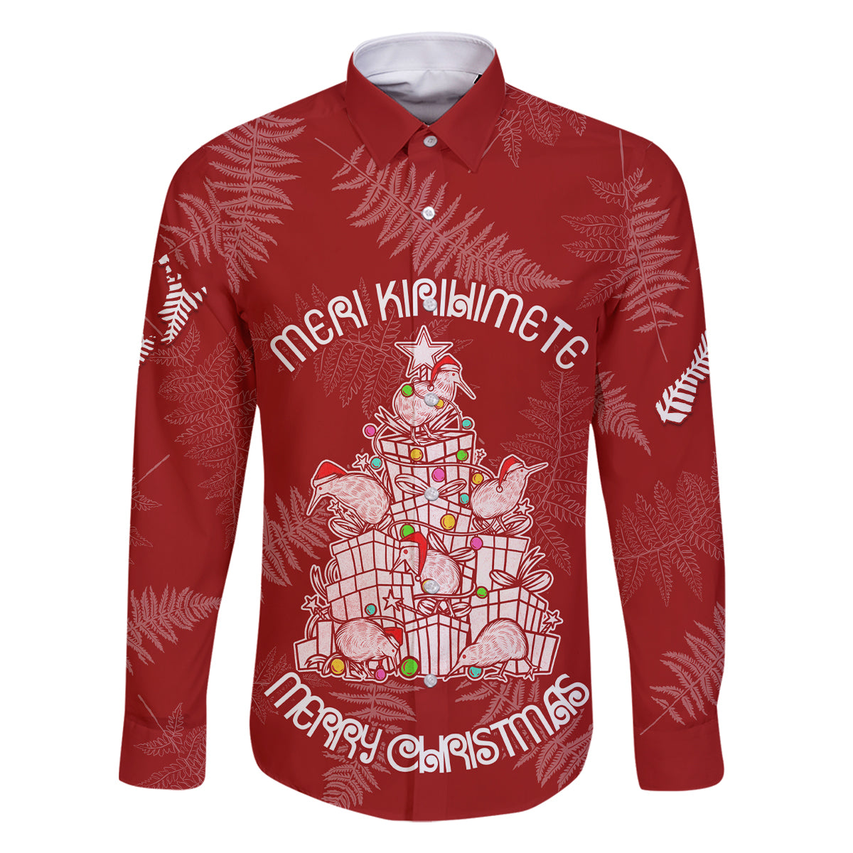 New Zealand Christmas Family Matching Mermaid Dress and Hawaiian Shirt Silver Fern Mix Kiwi Bird Ver02 LT7 Dad's Shirt - Long Sleeve Red - Polynesian Pride