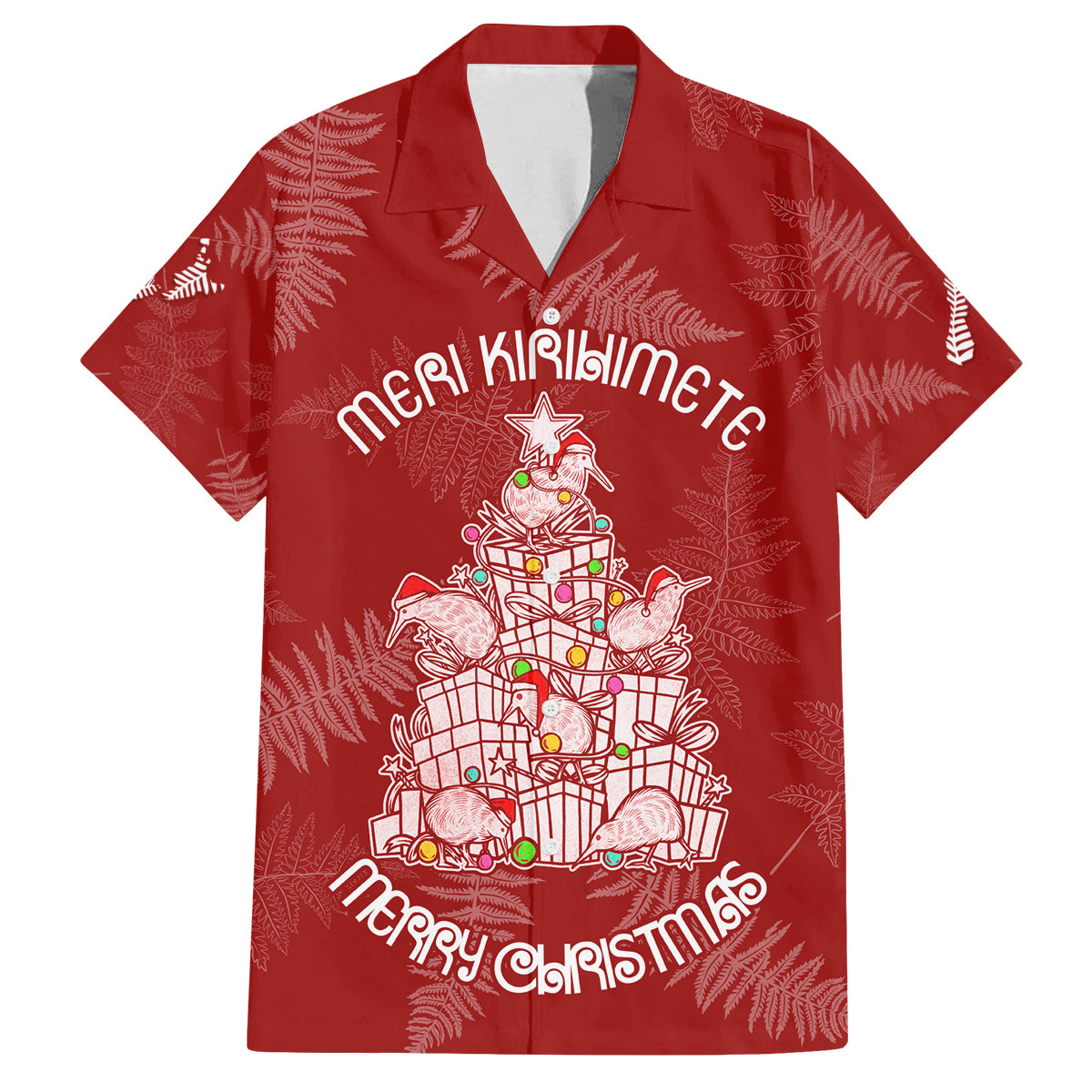 New Zealand Christmas Family Matching Off Shoulder Maxi Dress and Hawaiian Shirt Silver Fern Mix Kiwi Bird Ver02 LT7 Dad's Shirt - Short Sleeve Red - Polynesian Pride