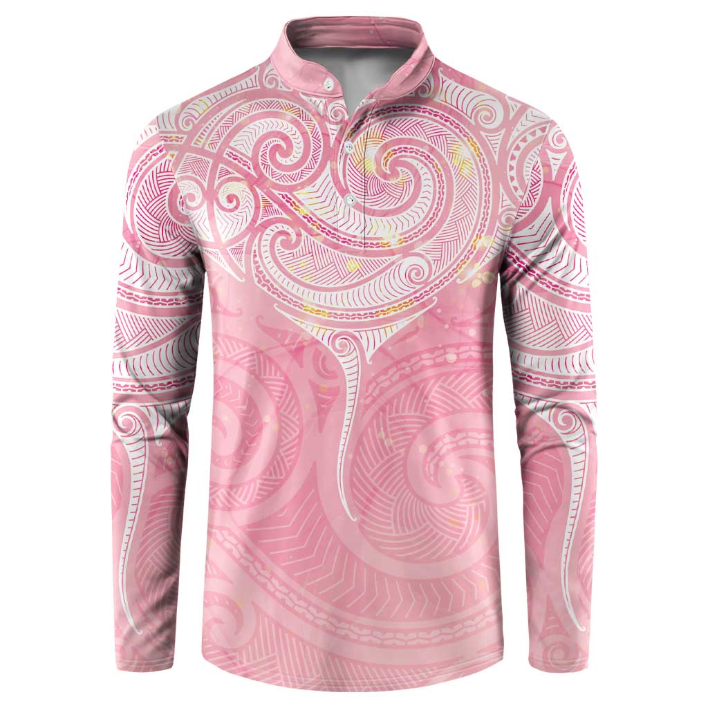 Breast Cancer Awareness Maori Aotearoa Button Sweatshirt Manta Ray - Pink Glaze - Polynesian Pride