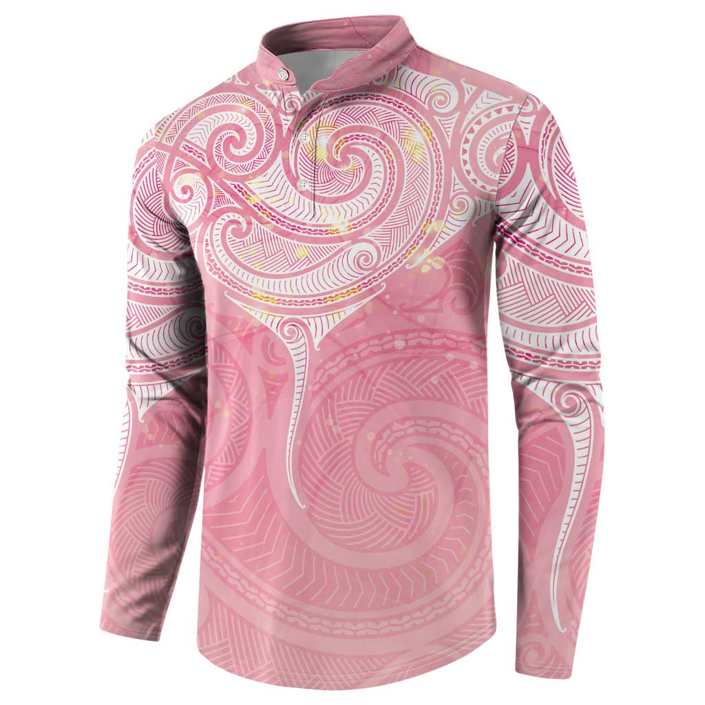 Breast Cancer Awareness Maori Aotearoa Button Sweatshirt Manta Ray - Pink Glaze - Polynesian Pride