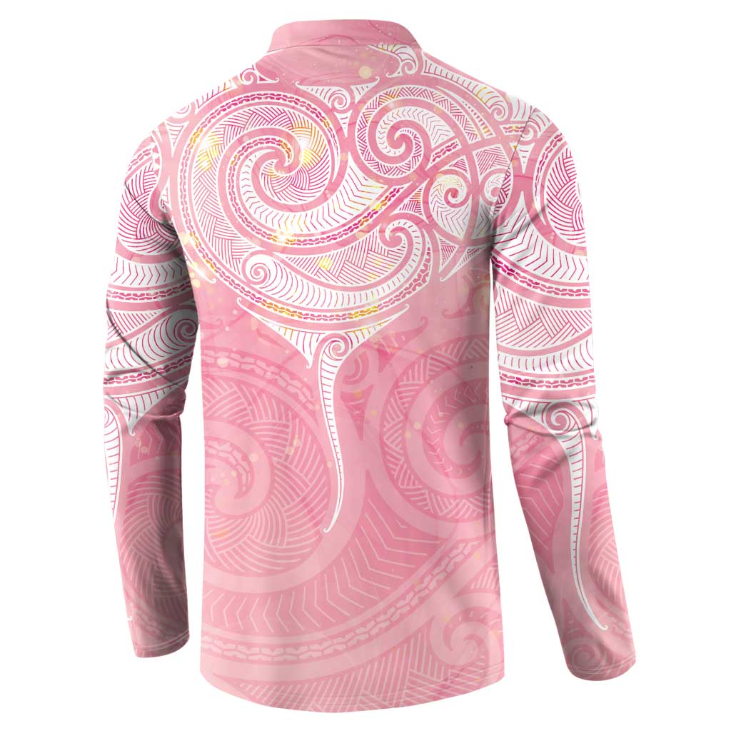 Breast Cancer Awareness Maori Aotearoa Button Sweatshirt Manta Ray - Pink Glaze - Polynesian Pride