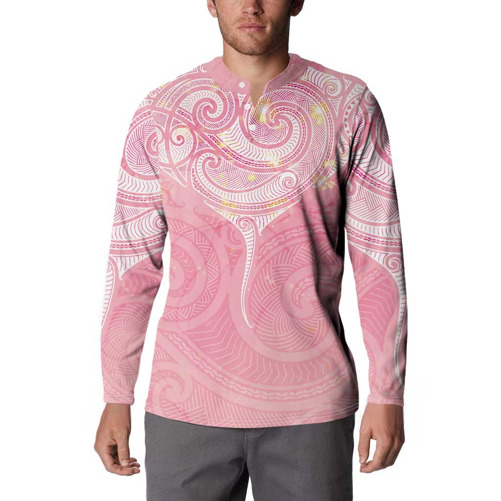 Breast Cancer Awareness Maori Aotearoa Button Sweatshirt Manta Ray - Pink Glaze - Polynesian Pride