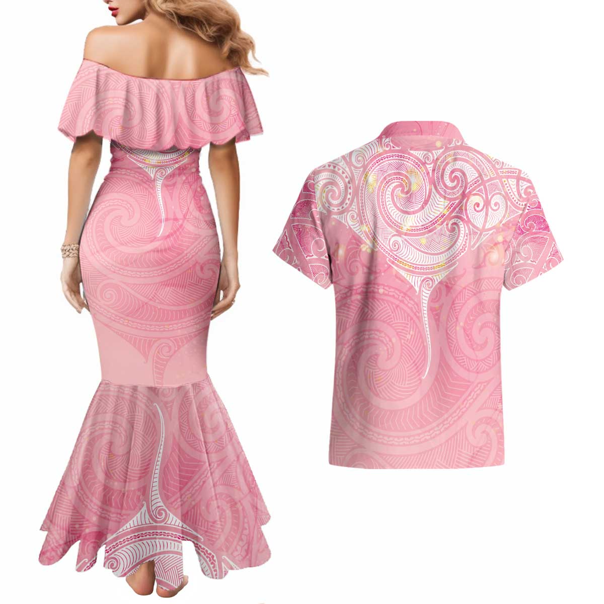 Breast Cancer Awareness Maori Aotearoa Couples Matching Mermaid Dress and Hawaiian Shirt Manta Ray - Pink Glaze - Polynesian Pride
