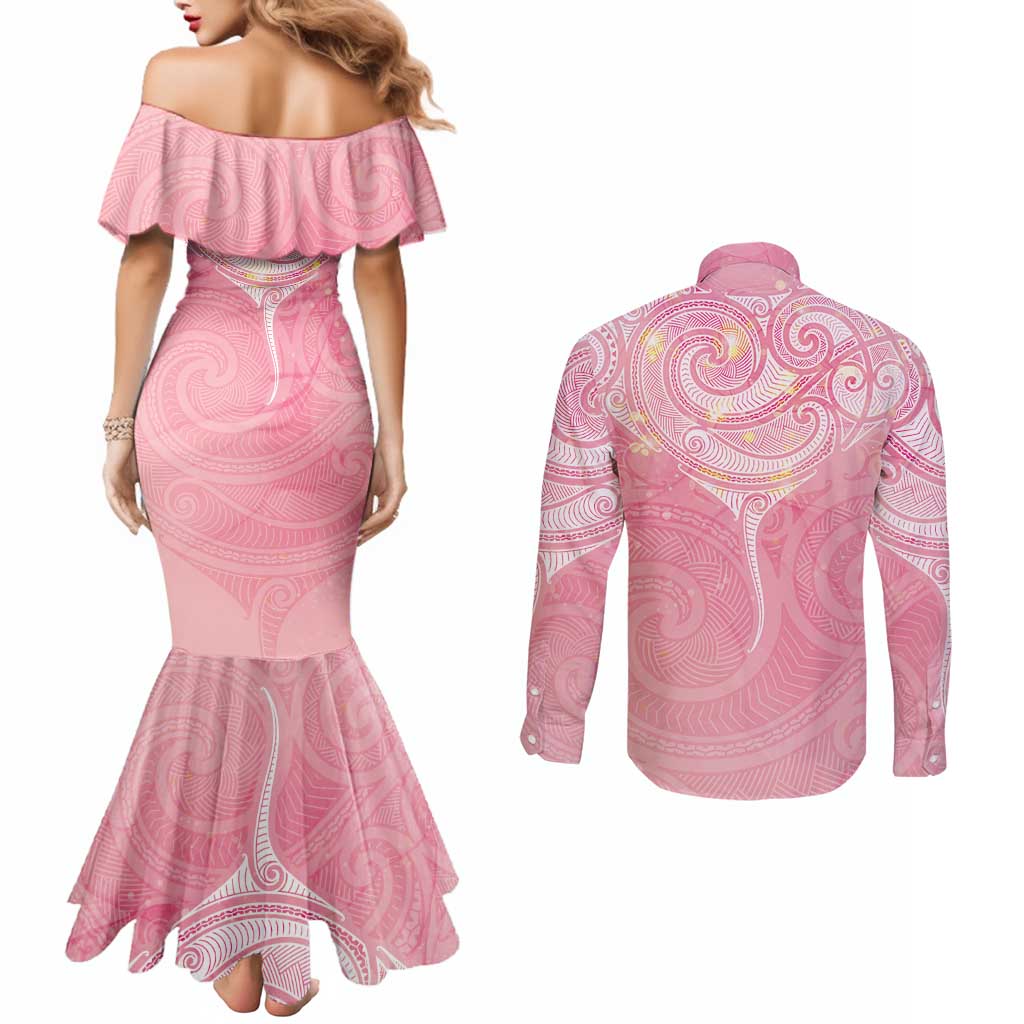 Breast Cancer Awareness Maori Aotearoa Couples Matching Mermaid Dress and Long Sleeve Button Shirt Manta Ray - Pink Glaze - Polynesian Pride