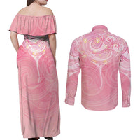 Breast Cancer Awareness Maori Aotearoa Couples Matching Off Shoulder Maxi Dress and Long Sleeve Button Shirt Manta Ray - Pink Glaze - Polynesian Pride