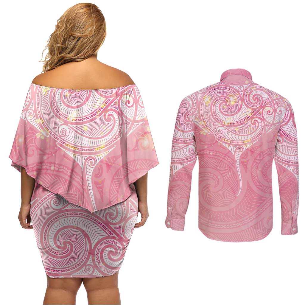 Breast Cancer Awareness Maori Aotearoa Couples Matching Off Shoulder Short Dress and Long Sleeve Button Shirt Manta Ray - Pink Glaze - Polynesian Pride