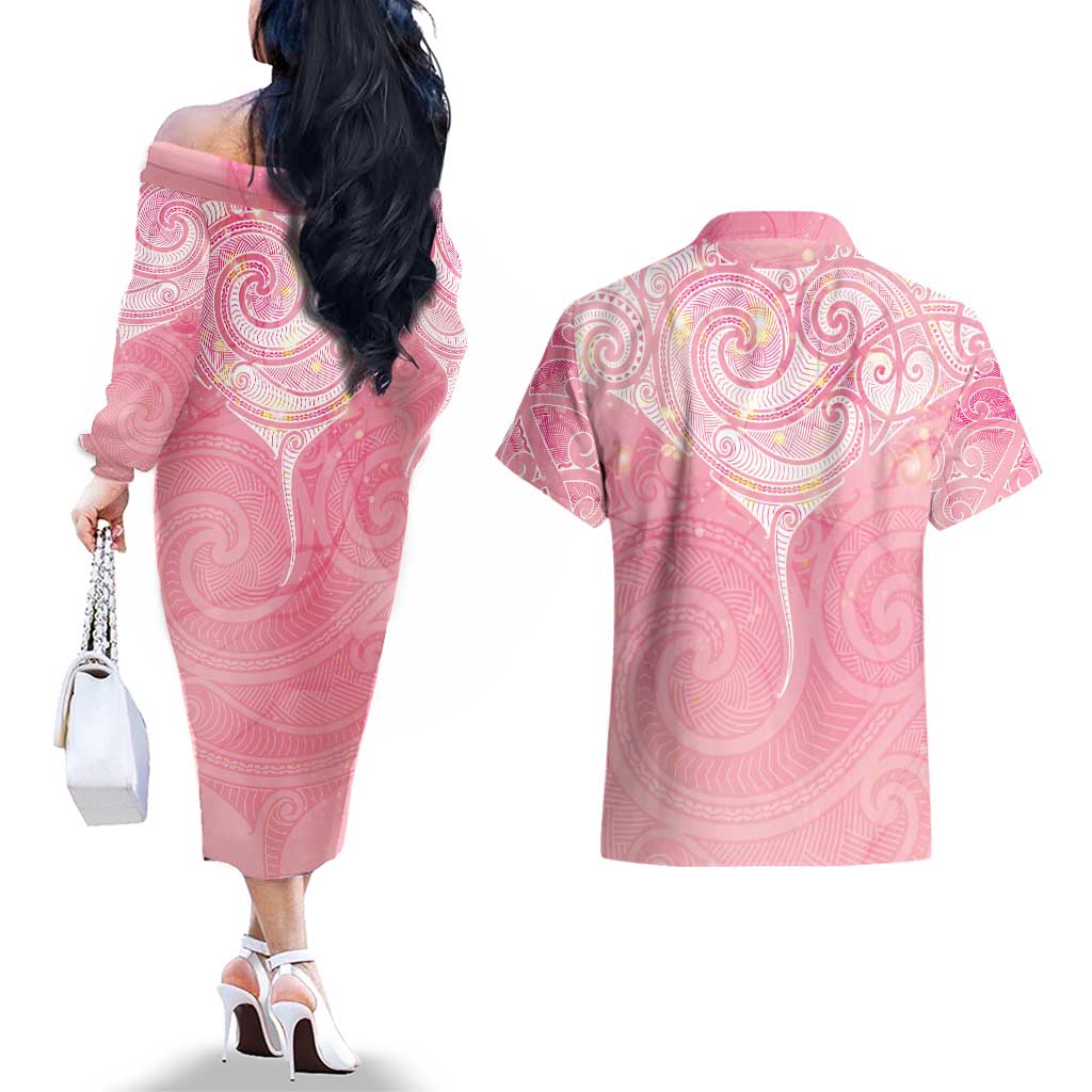 Breast Cancer Awareness Maori Aotearoa Couples Matching Off The Shoulder Long Sleeve Dress and Hawaiian Shirt Manta Ray - Pink Glaze - Polynesian Pride