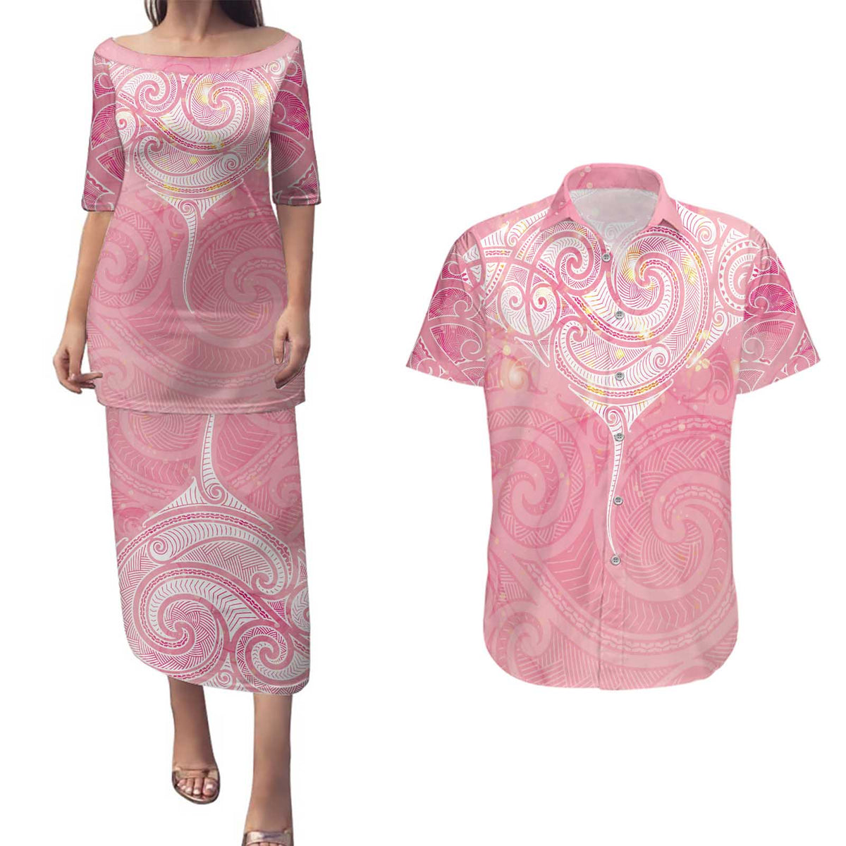 Breast Cancer Awareness Maori Aotearoa Couples Matching Puletasi and Hawaiian Shirt Manta Ray - Pink Glaze - Polynesian Pride
