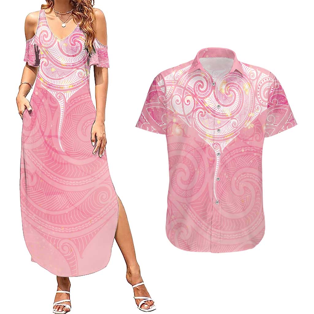 Breast Cancer Awareness Maori Aotearoa Couples Matching Summer Maxi Dress and Hawaiian Shirt Manta Ray - Pink Glaze - Polynesian Pride