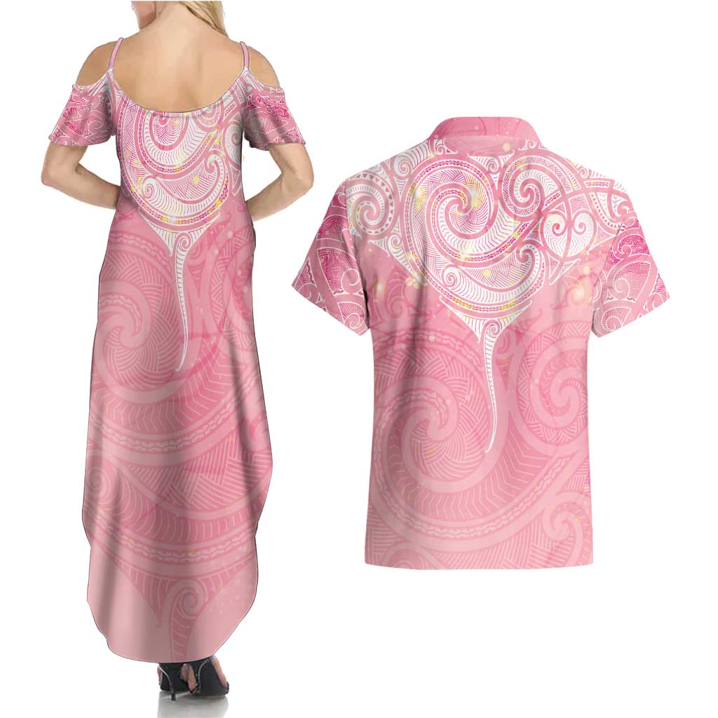 Breast Cancer Awareness Maori Aotearoa Couples Matching Summer Maxi Dress and Hawaiian Shirt Manta Ray - Pink Glaze - Polynesian Pride