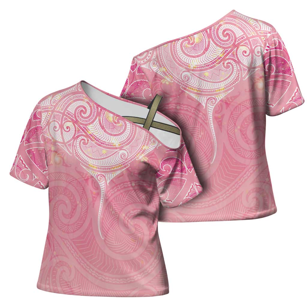 Breast Cancer Awareness Maori Aotearoa Cross Shoulder Shirt Manta Ray - Pink Glaze - Polynesian Pride