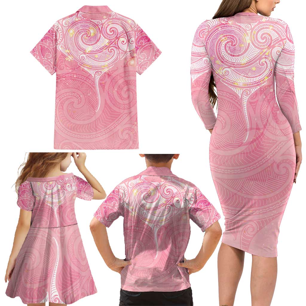 Breast Cancer Awareness Maori Aotearoa Family Matching Long Sleeve Bodycon Dress and Hawaiian Shirt Manta Ray - Pink Glaze - Polynesian Pride
