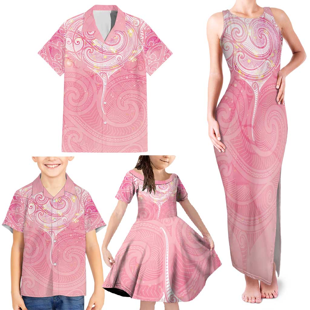 Breast Cancer Awareness Maori Aotearoa Family Matching Tank Maxi Dress and Hawaiian Shirt Manta Ray - Pink Glaze - Polynesian Pride