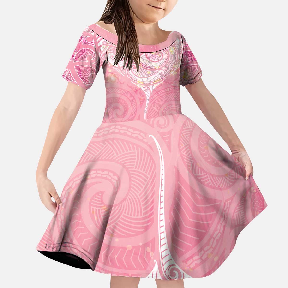 Breast Cancer Awareness Maori Aotearoa Kid Short Sleeve Dress Manta Ray - Pink Glaze - Polynesian Pride