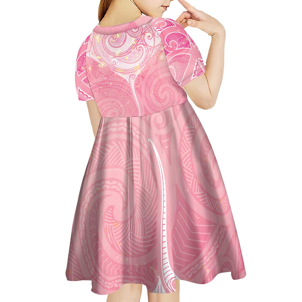 Breast Cancer Awareness Maori Aotearoa Kid Short Sleeve Dress Manta Ray - Pink Glaze - Polynesian Pride