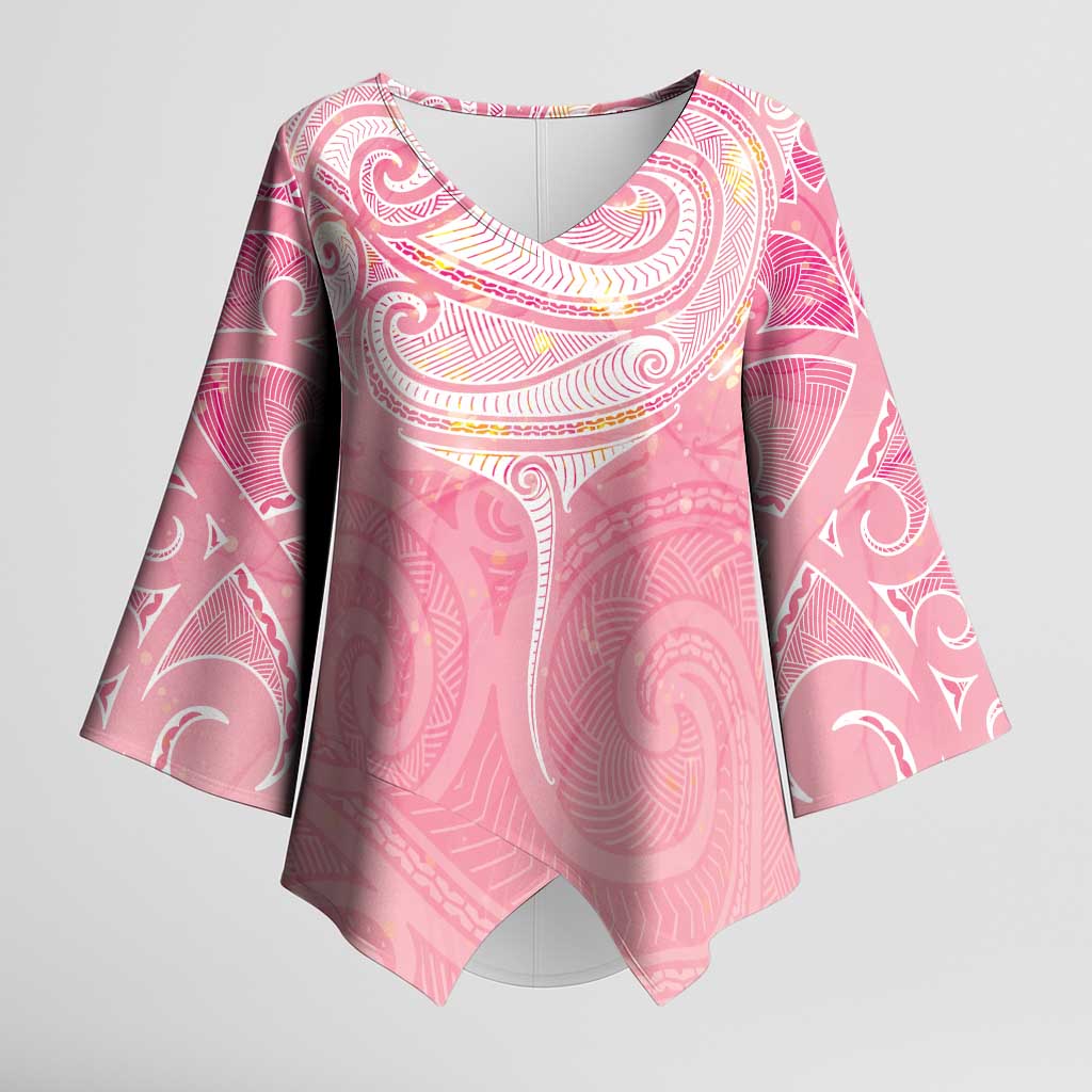 Breast Cancer Awareness Maori Aotearoa Kimono Sleeve Blouse Manta Ray - Pink Glaze - Polynesian Pride