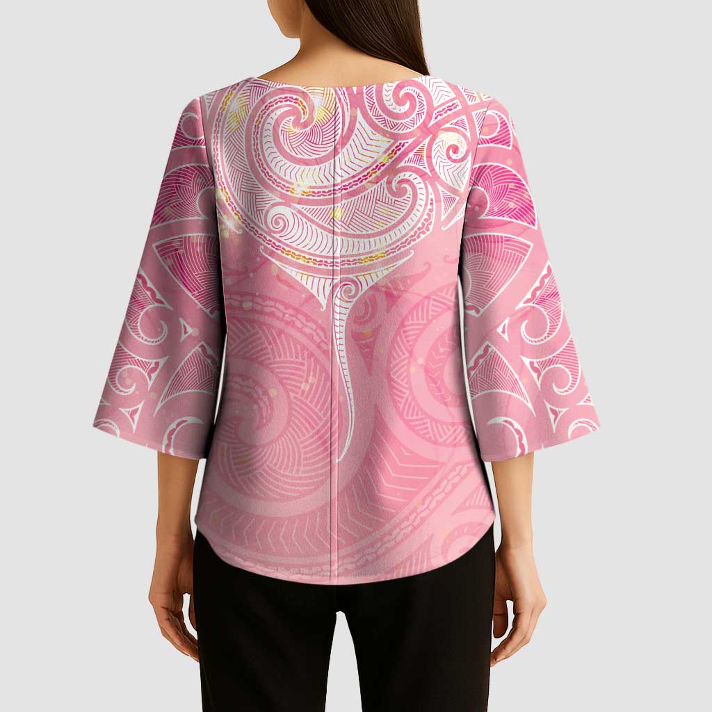 Breast Cancer Awareness Maori Aotearoa Kimono Sleeve Blouse Manta Ray - Pink Glaze - Polynesian Pride