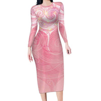 Breast Cancer Awareness Maori Aotearoa Long Sleeve Bodycon Dress Manta Ray - Pink Glaze - Polynesian Pride