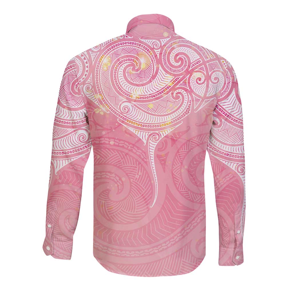 Breast Cancer Awareness Maori Aotearoa Long Sleeve Button Shirt Manta Ray - Pink Glaze - Polynesian Pride